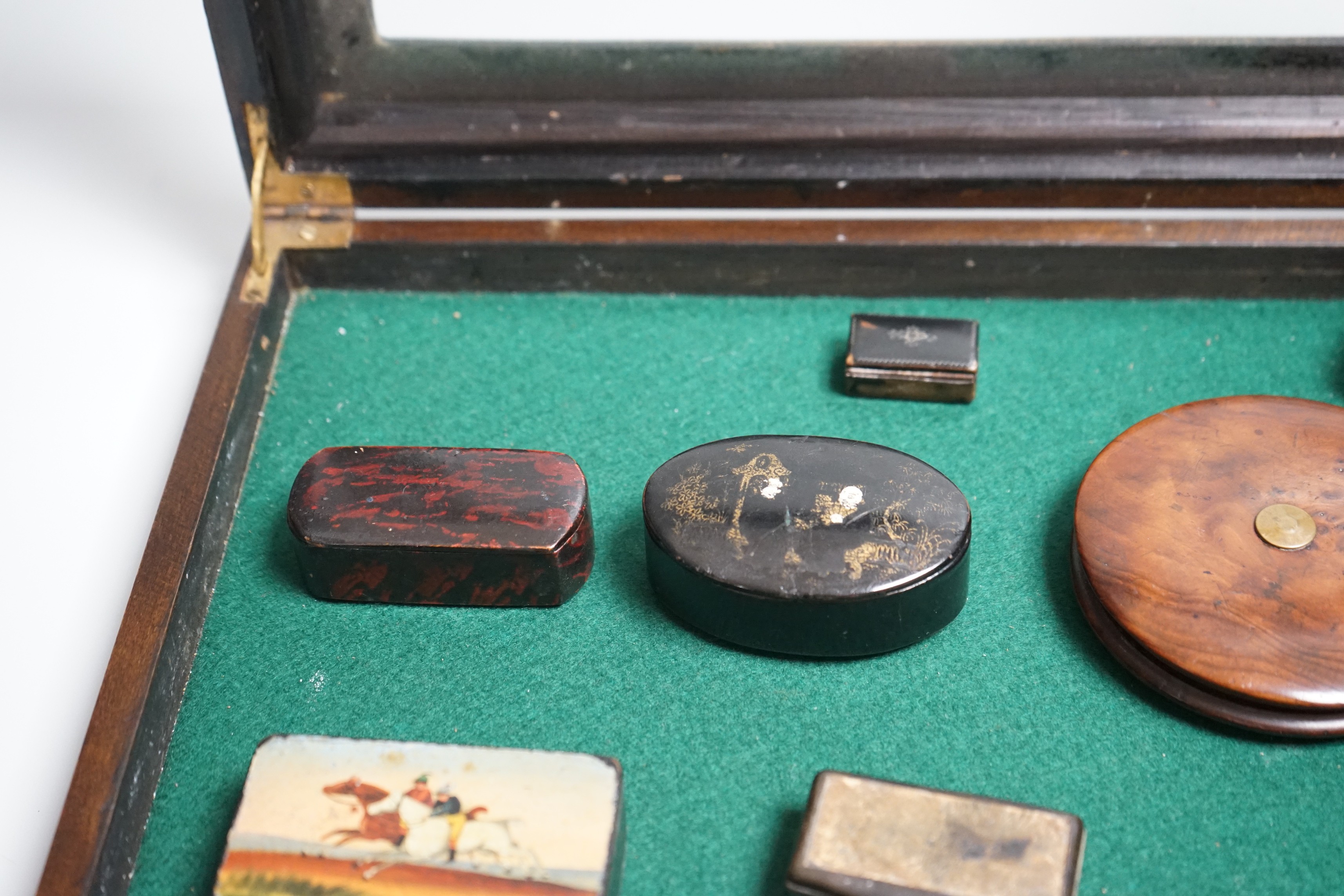 A collection of turned treen and various japanned papier mache boxes, contained in a glazed topped mahogany box-37cms x 24cms